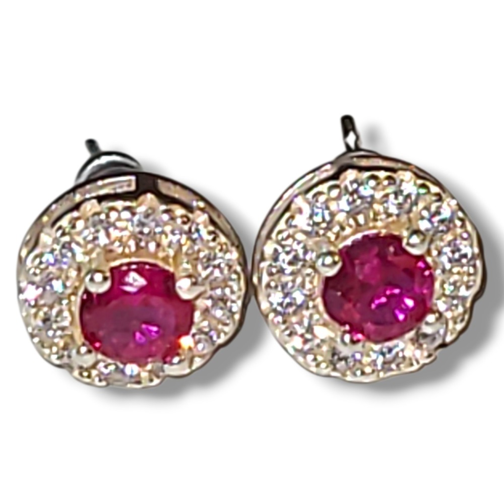 925 Sterling Silver Pink CZ‎ Halo Stud Earrings Round Pierced .60ctw Small